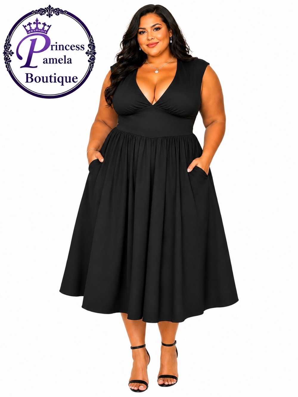 #279-H 9 Black deep V-neckline midi dress with Pockets - XXL